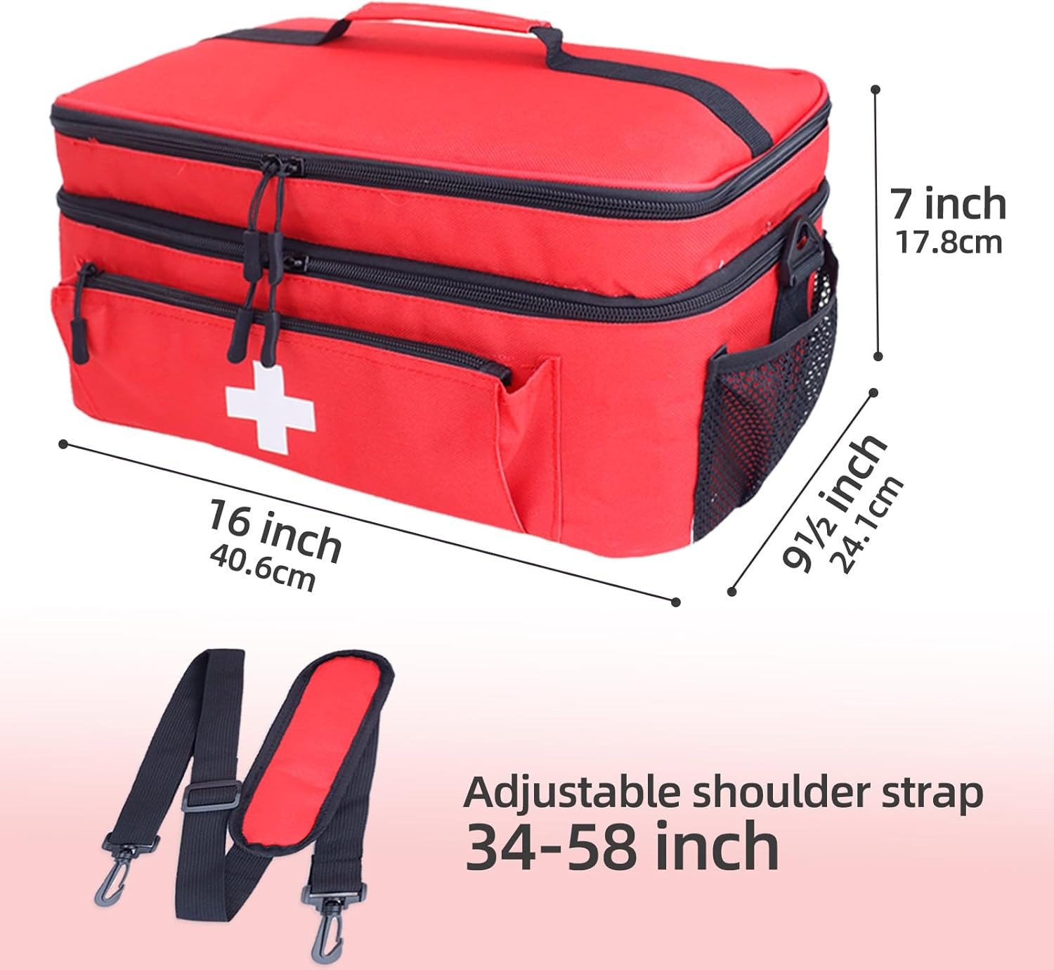 First Aid Bag Empty Large Medical with Shoulder Strap 16”x 9½” x 7” Red