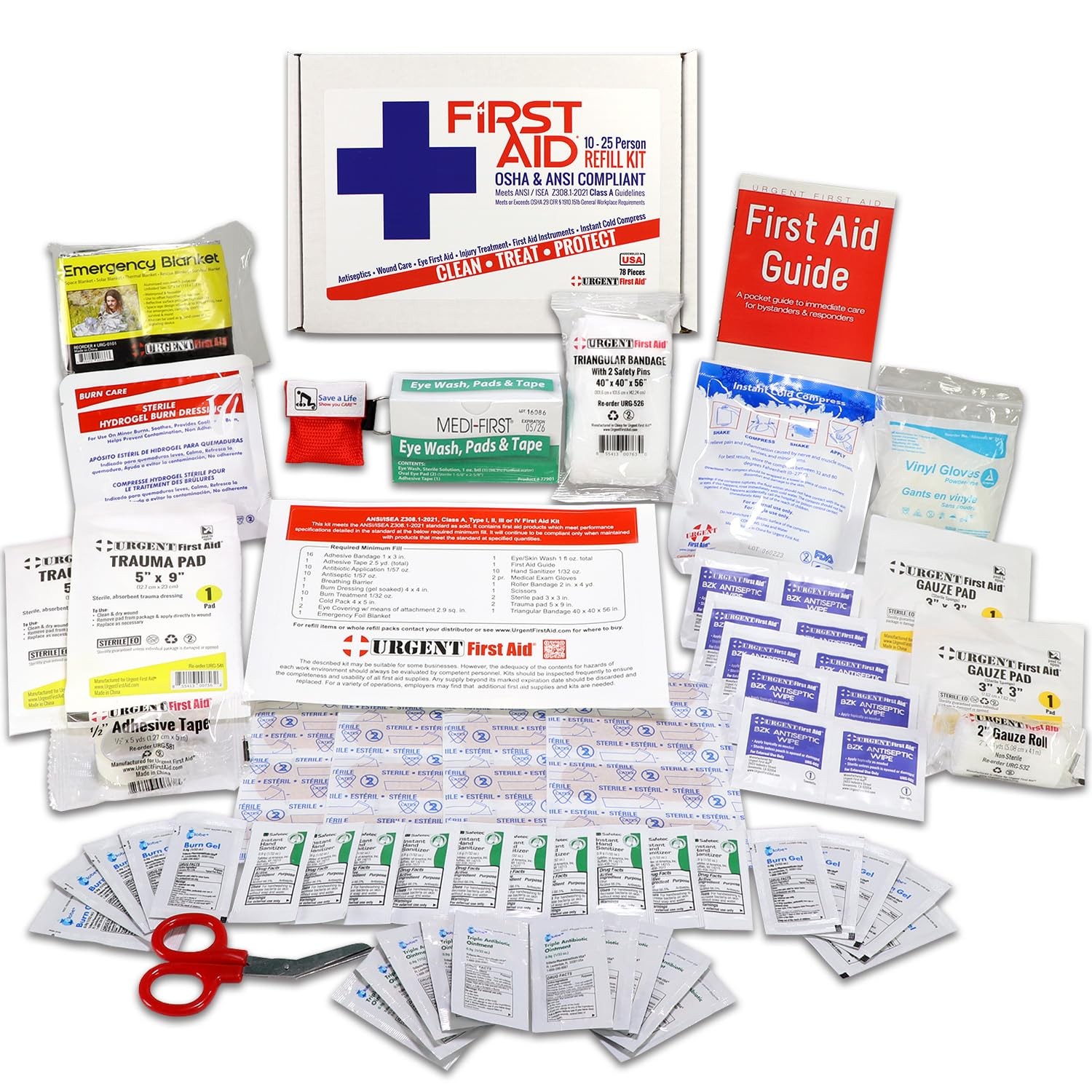 OSHA & ANSI First Aid Kit Refill/Upgrade, 25 Person, 78 Pieces, ANSI 2021 Cla…