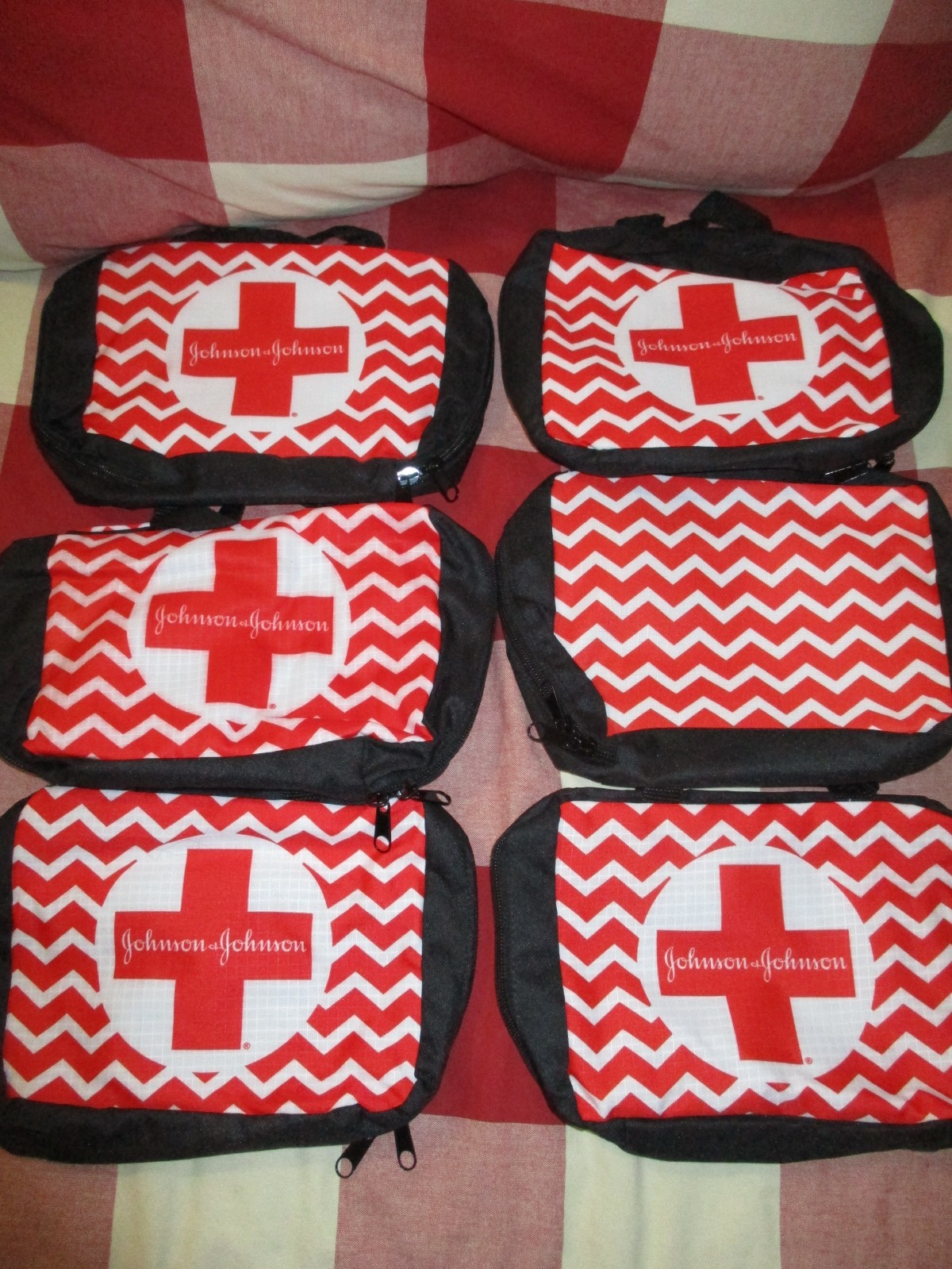 6 First Aid Kit Empty Zippered Bag Red Black Soft Side Johnson & Johnson Pouch