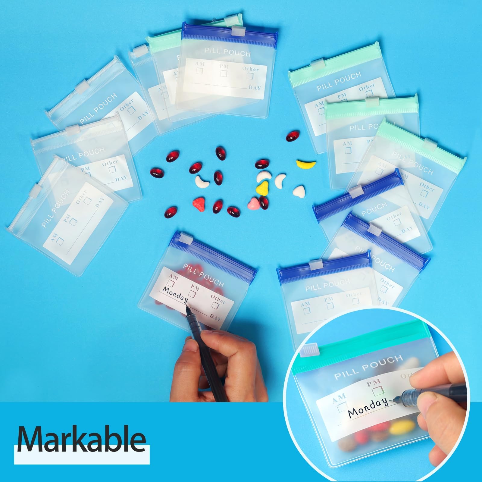36 Packs Color Pill Pouch Bags 12mil 3 x Pack of 36, Frosted & Clear+blue