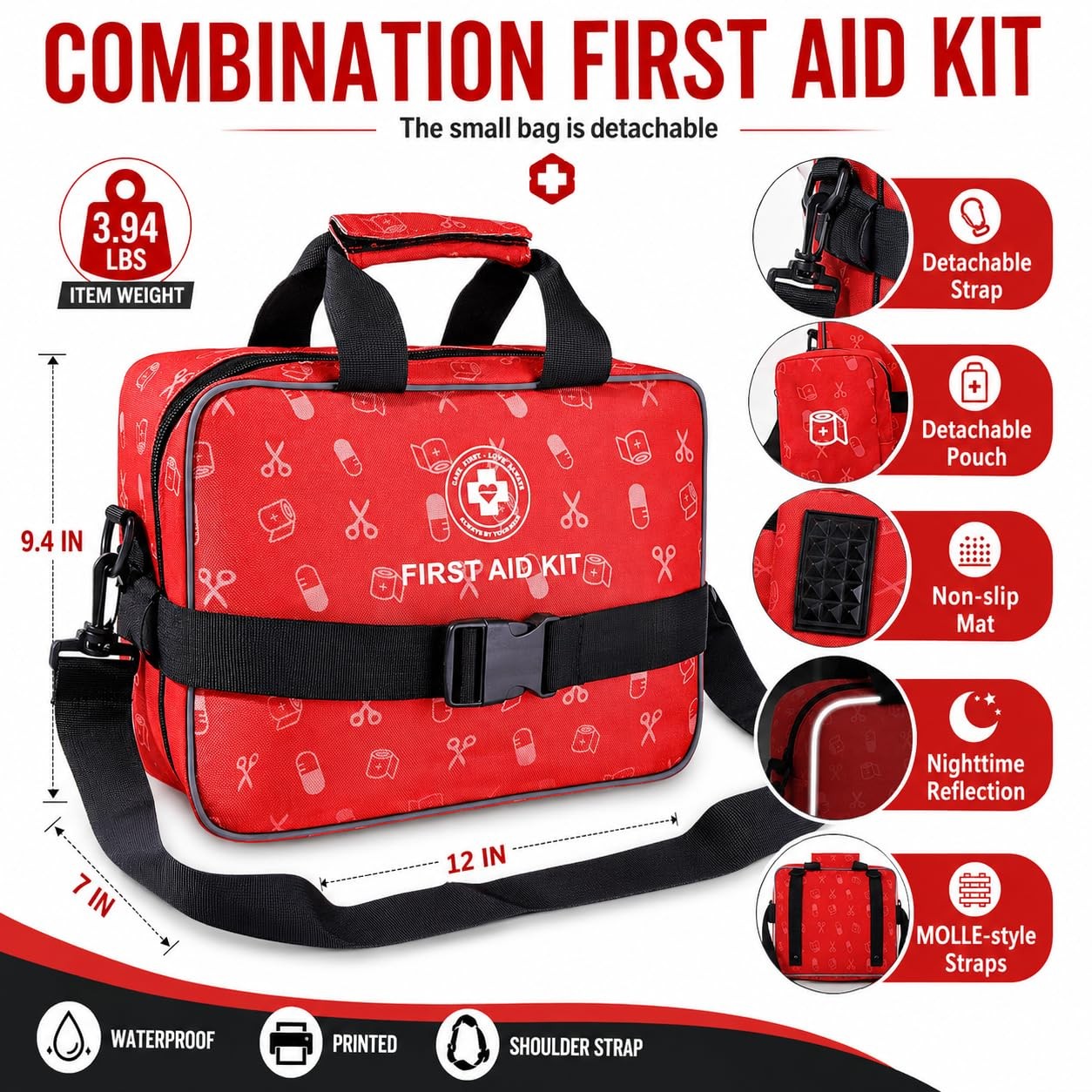 All-in-One Premium 530 Piece Emergency First Aid Kit, Large 530 Piece, Red