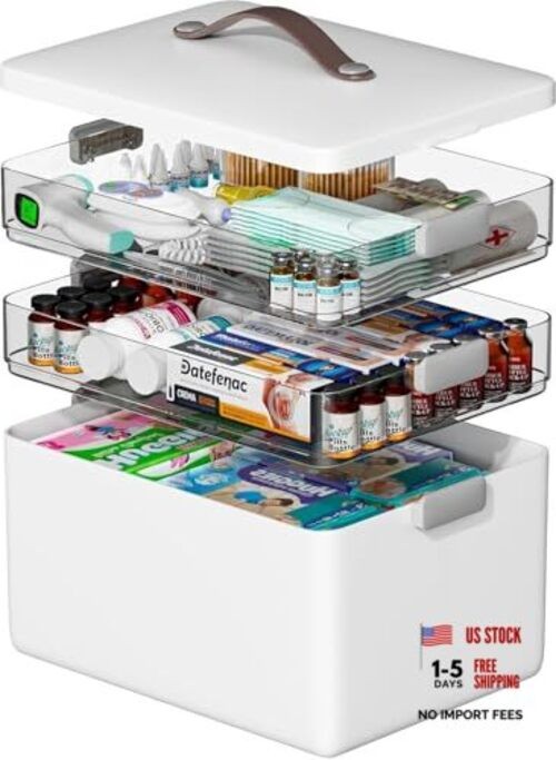 Spreezy 3-Tier Medicine Organizer with Clear Compartments, Portable Stackable