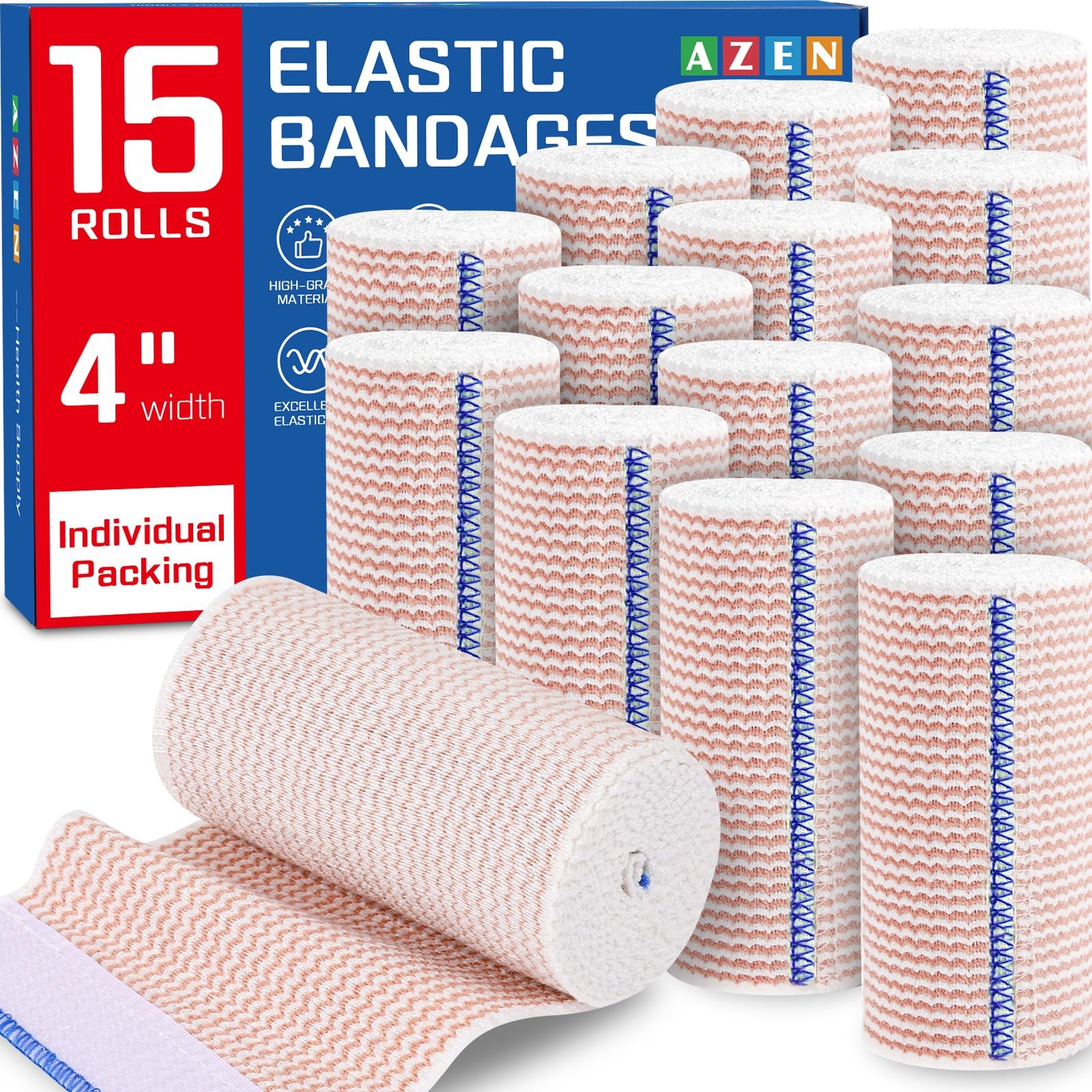 AZEN Premium 15 Pack Elastic Bandage Wrap 4 Inch, Compression 4 D-15p