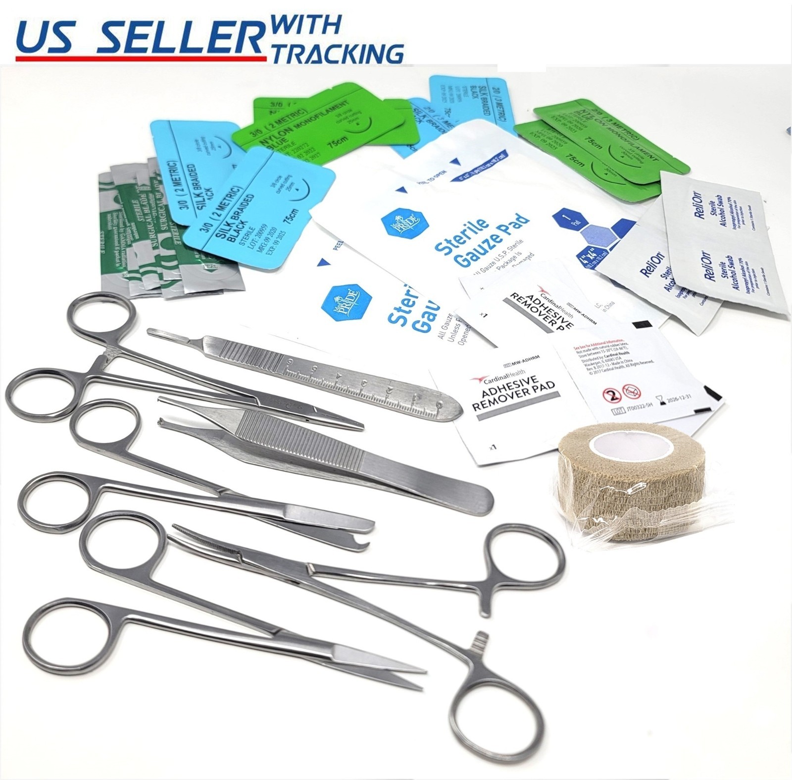 Surgical Suture Kit Supplies First Aid Medical Travel Trauma Pack, 39 Pieces