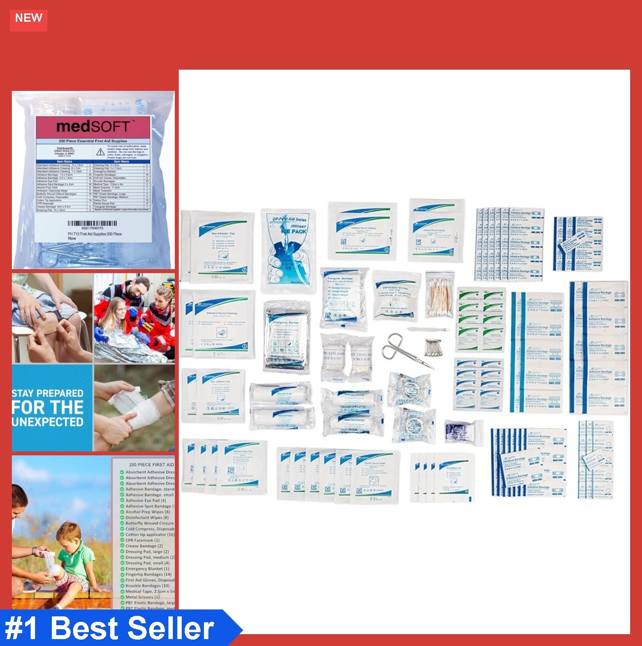 First Aid Kit Refill 200 Piece Replacement Supplies Adhesive Bandages Gauze