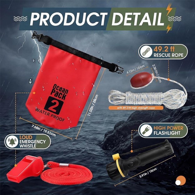 Boat Safety Kit Waterproof Dry Bag LED Flashlight Survival Whistle Float Line