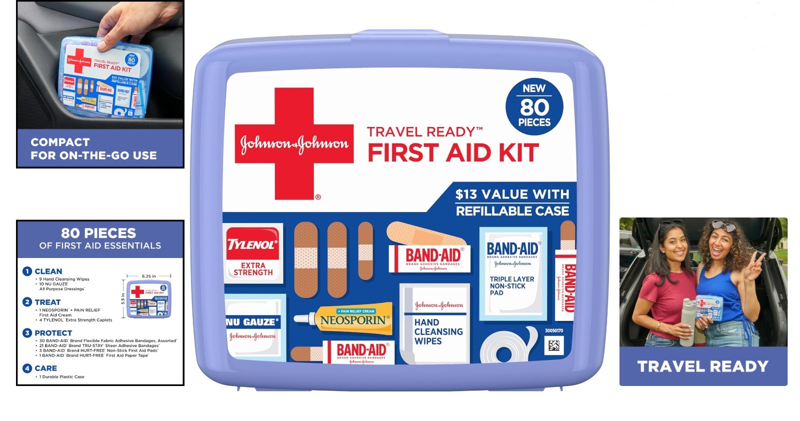 Band-Aid Travel Ready Portable Emergency First Aid Kit for Minor Wound Care with