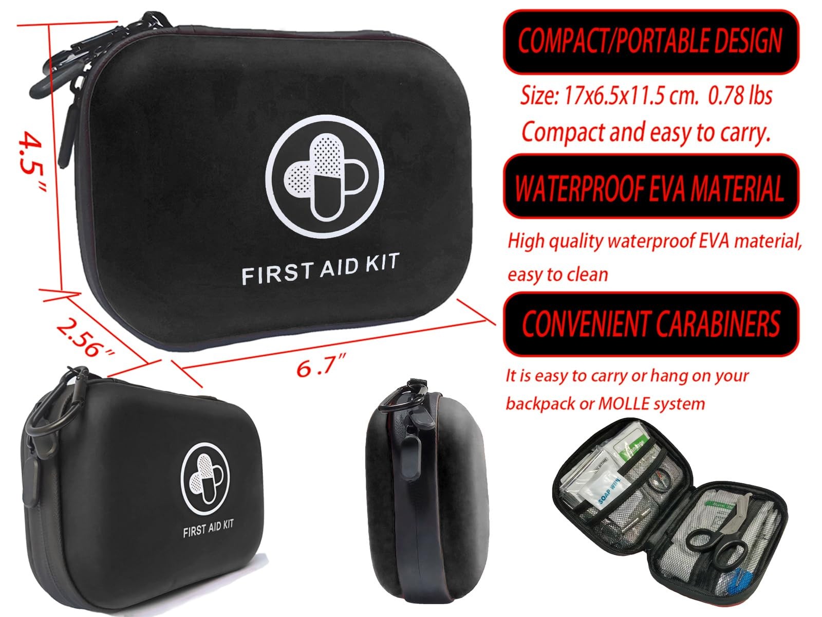 First Aid Kit 152 Piece Waterproof Hard Shell Portable Medical Kit, Black