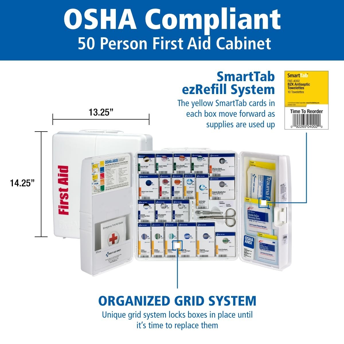 Durable 50-Person OSHA First Aid Kit – 245 Pcs SmartCompliance Plastic Cabinet
