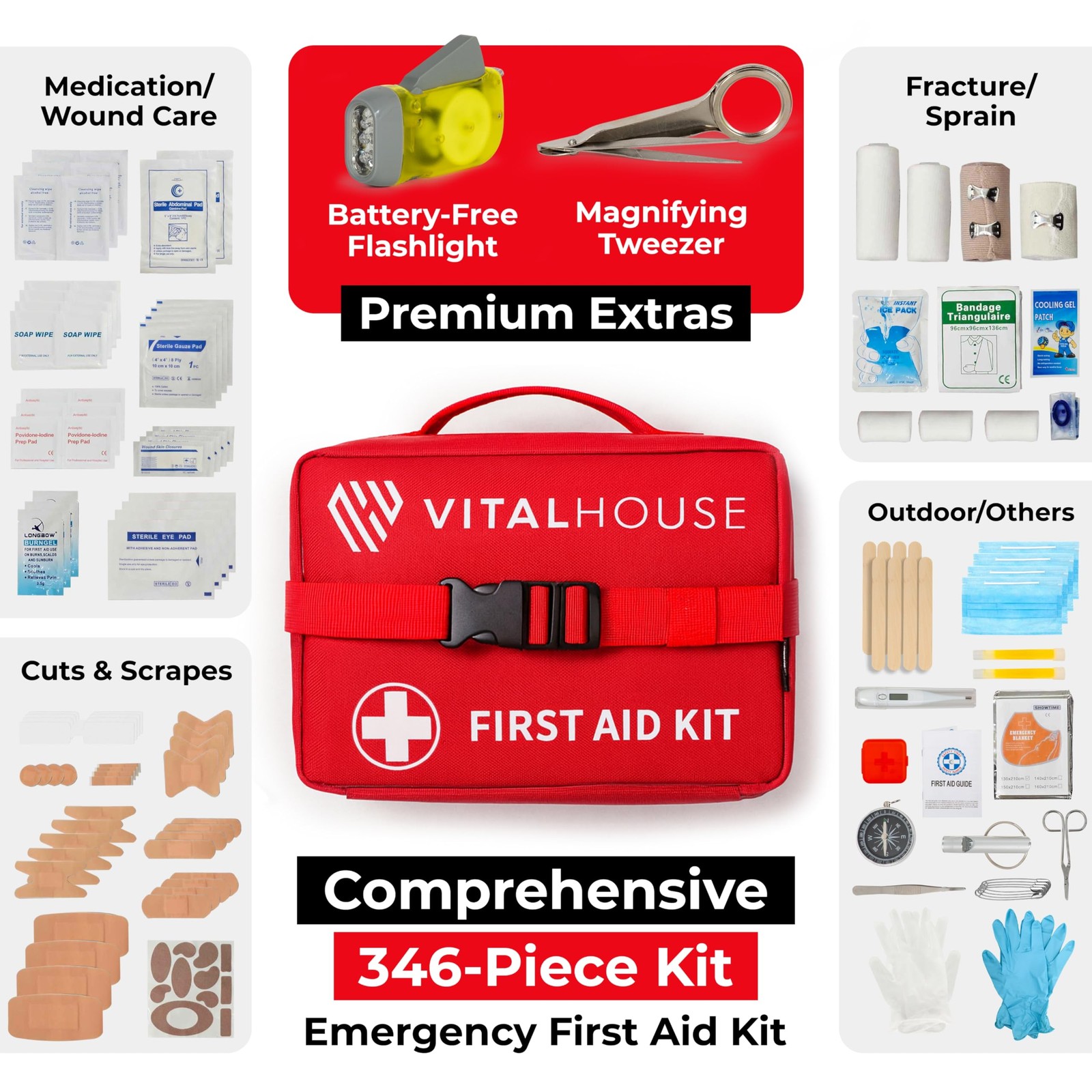 346-Piece First Aid Kit with Tourniquet& Steri-Strips-Emergency &Trauma Supplies