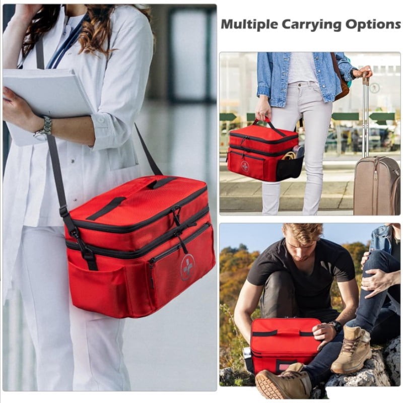 Multi-Compartment Travel First Aid Bag Medical Storage Organizer Empty Bag Red