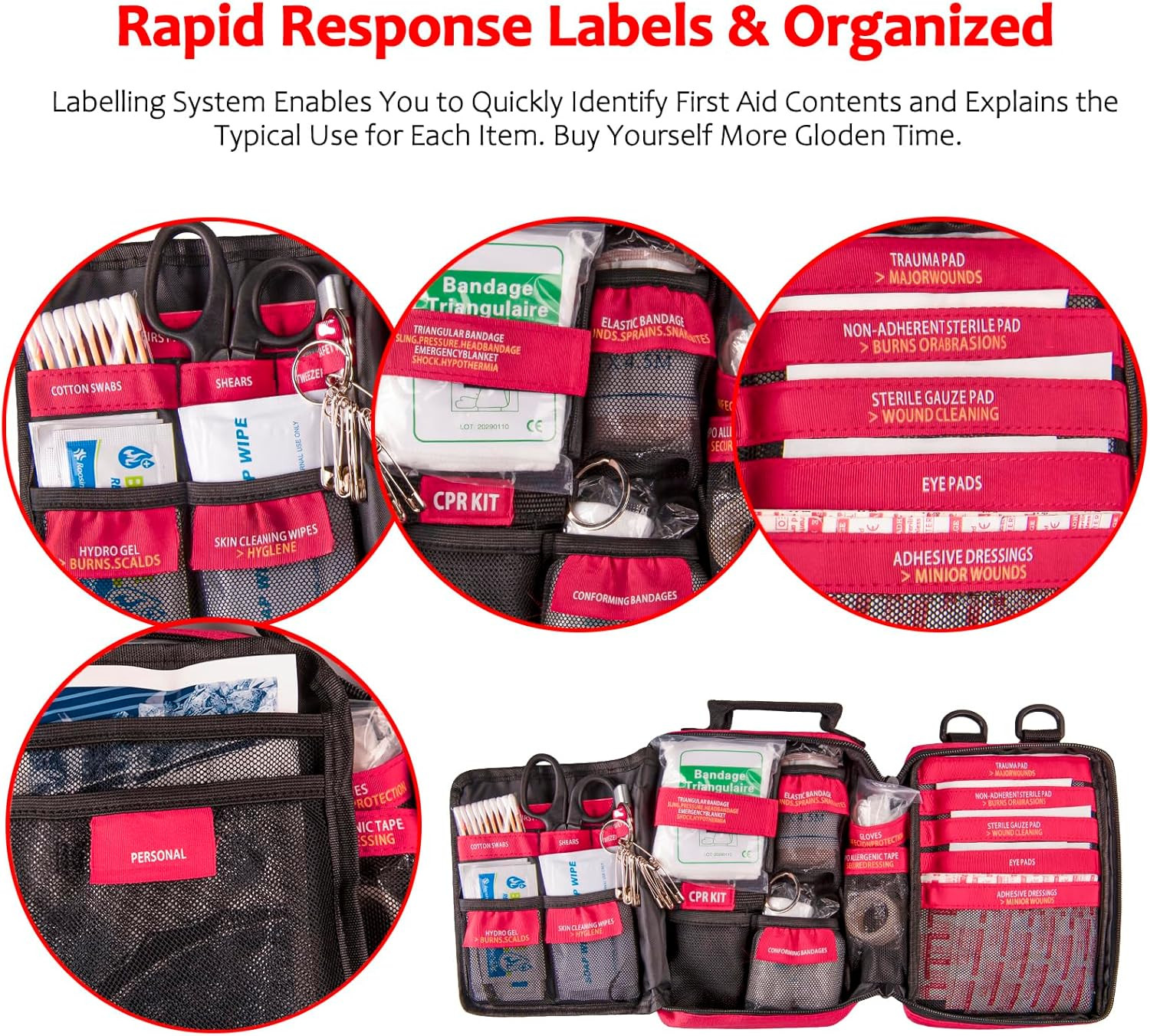 First Aid Kit with Rapid-Response Labeled Compartments, Compact Waterproof Emerg