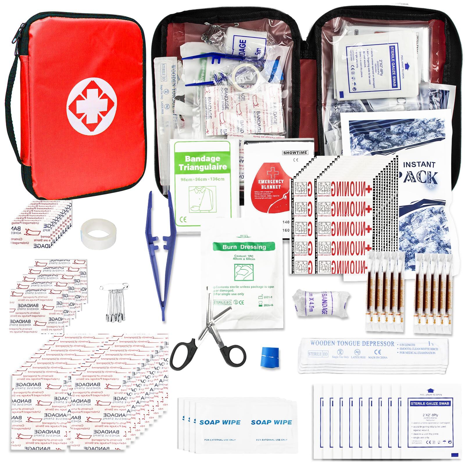 Compact 300 Piece Red First Aid Kit for Home Travel Sports Hiking Emergencies