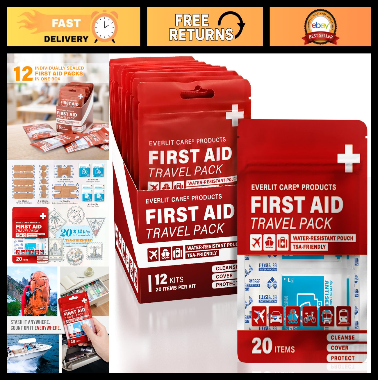 Portable Travel First Aid Kit | 12 Pack Mini Bandages & Essentials | Compact Wat