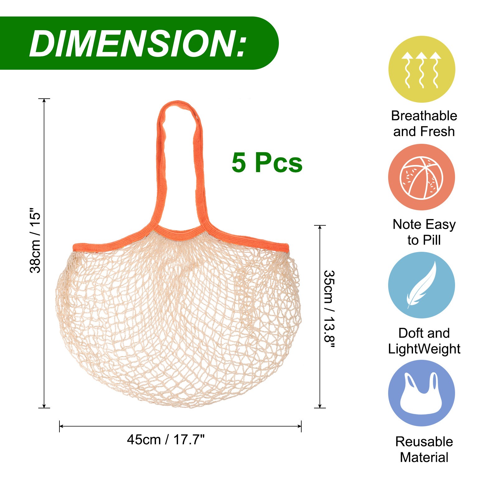 Reusable Mesh Produce Storage Bags Washable Portable Bag (Set of 5Pcs,Orange)