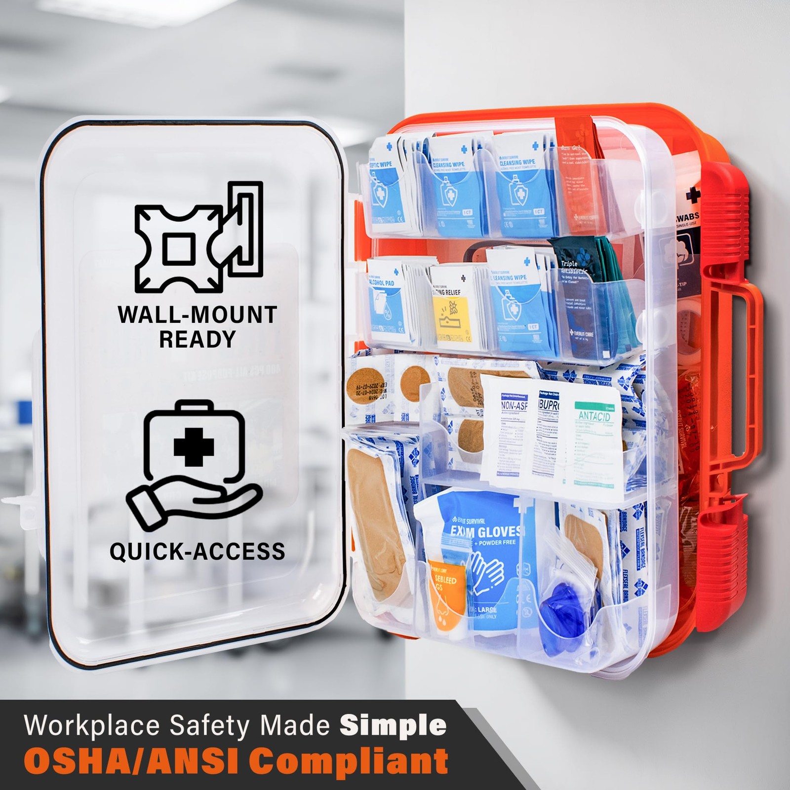 EVERLIT 400 Pcs OSHA Compliant First Aid Kit, Wall-Mountable Essential Clear
