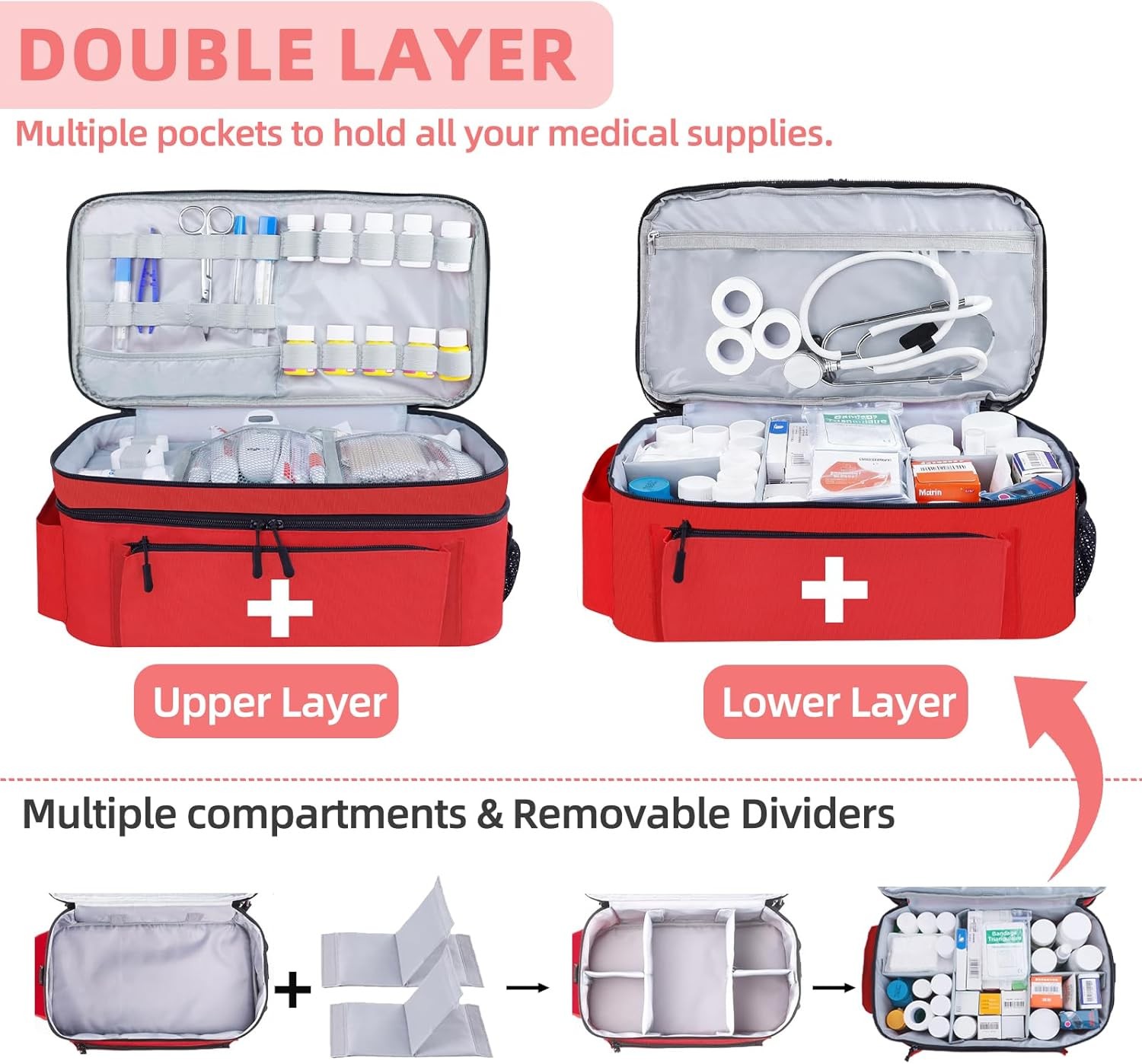 First Aid Bag Empty Large Medical with Shoulder Strap 16”x 9½” x 7” Red