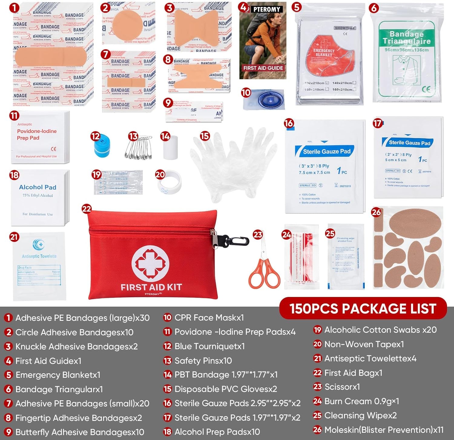 PTEROMY 150 Piece Mini First Aid Kit, Portable Small Emergency Kits Red