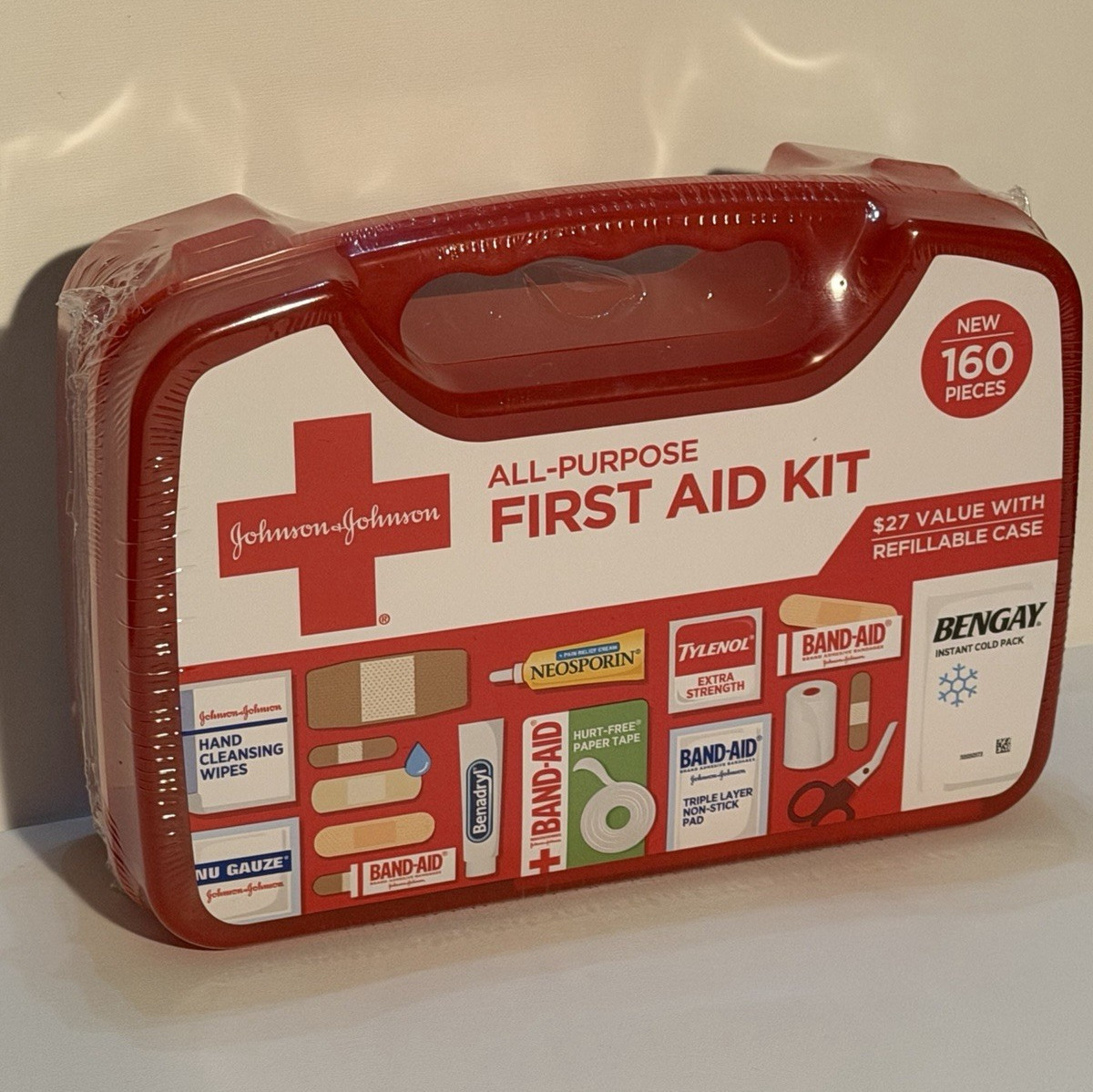Johnson & Johnson First Aid Kit 160 Pieces Portable Refillable Case Emergency