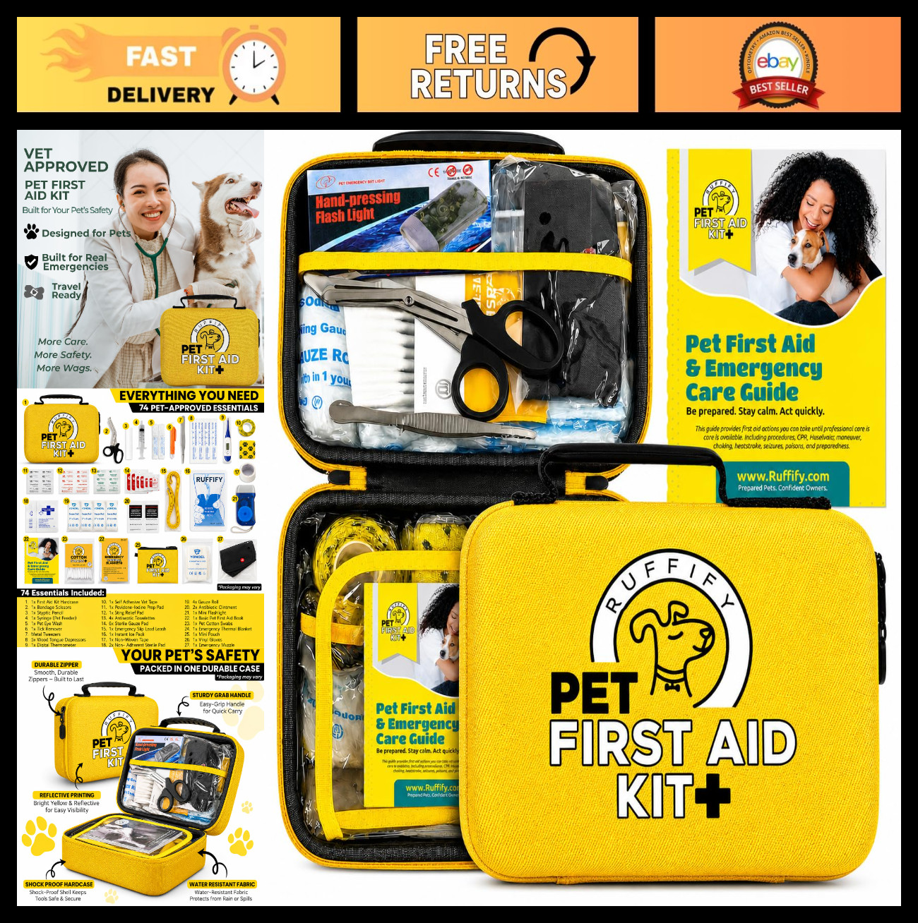 Pet First Aid Kit for Dogs & Cats – 74 Essential Emergency Supplies for Travel,