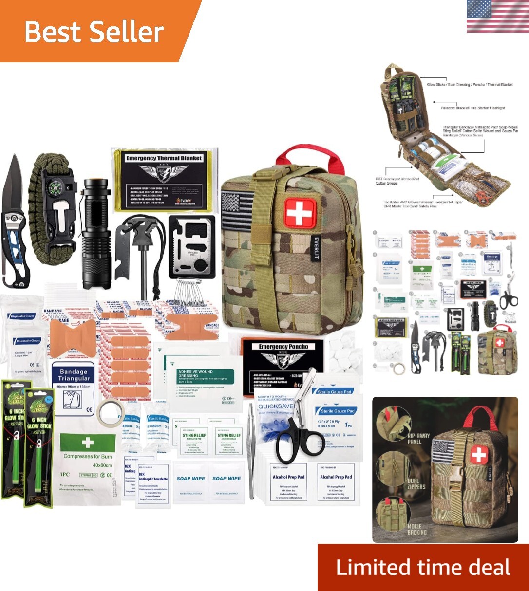 Durable Emergency Trauma Bag – 250 Piece Survival Kit with Molle Pouch