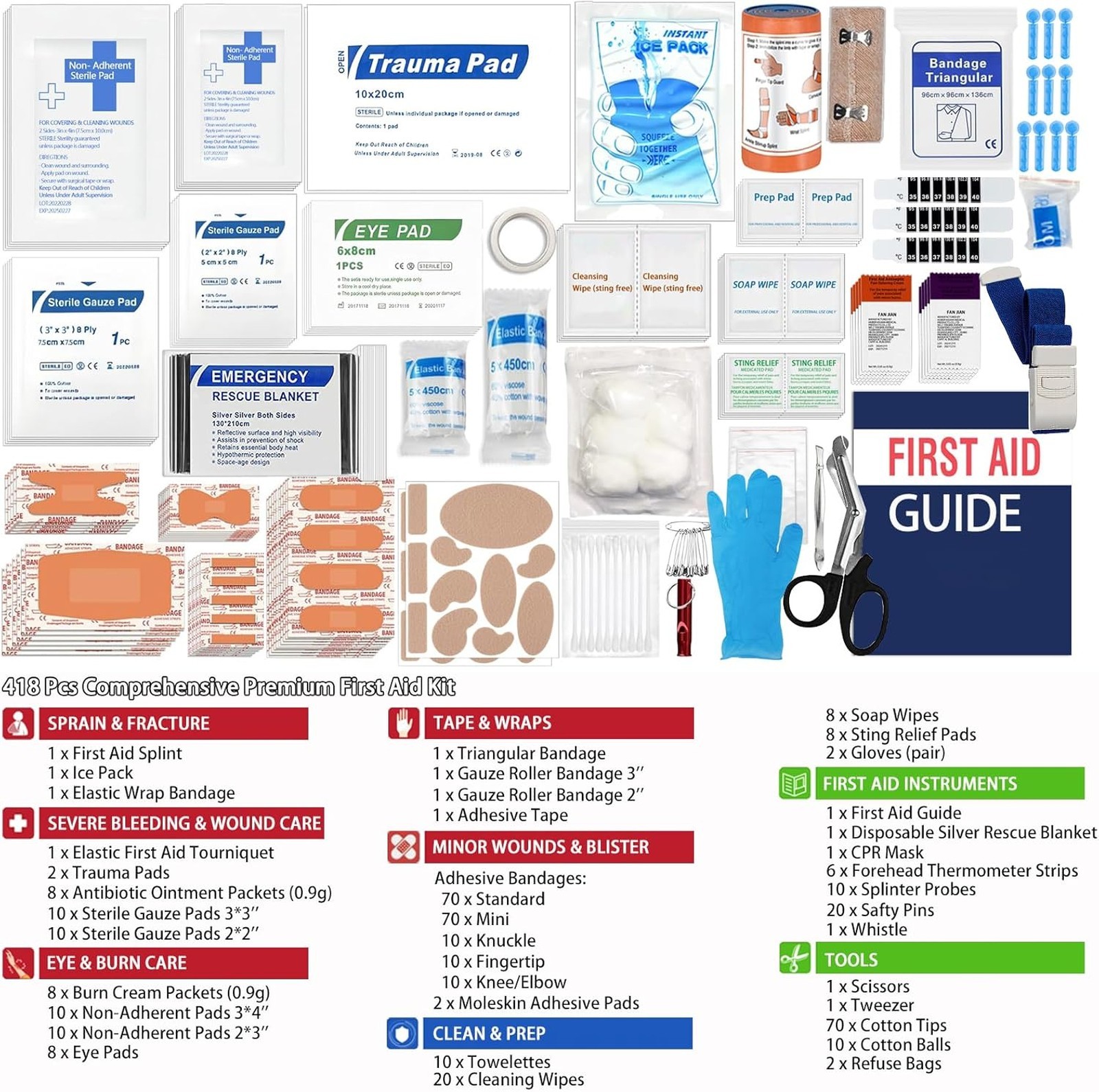 First Aid Kit 418 Pieces for Home Travel Camping Hiking Outdoor Emergencies