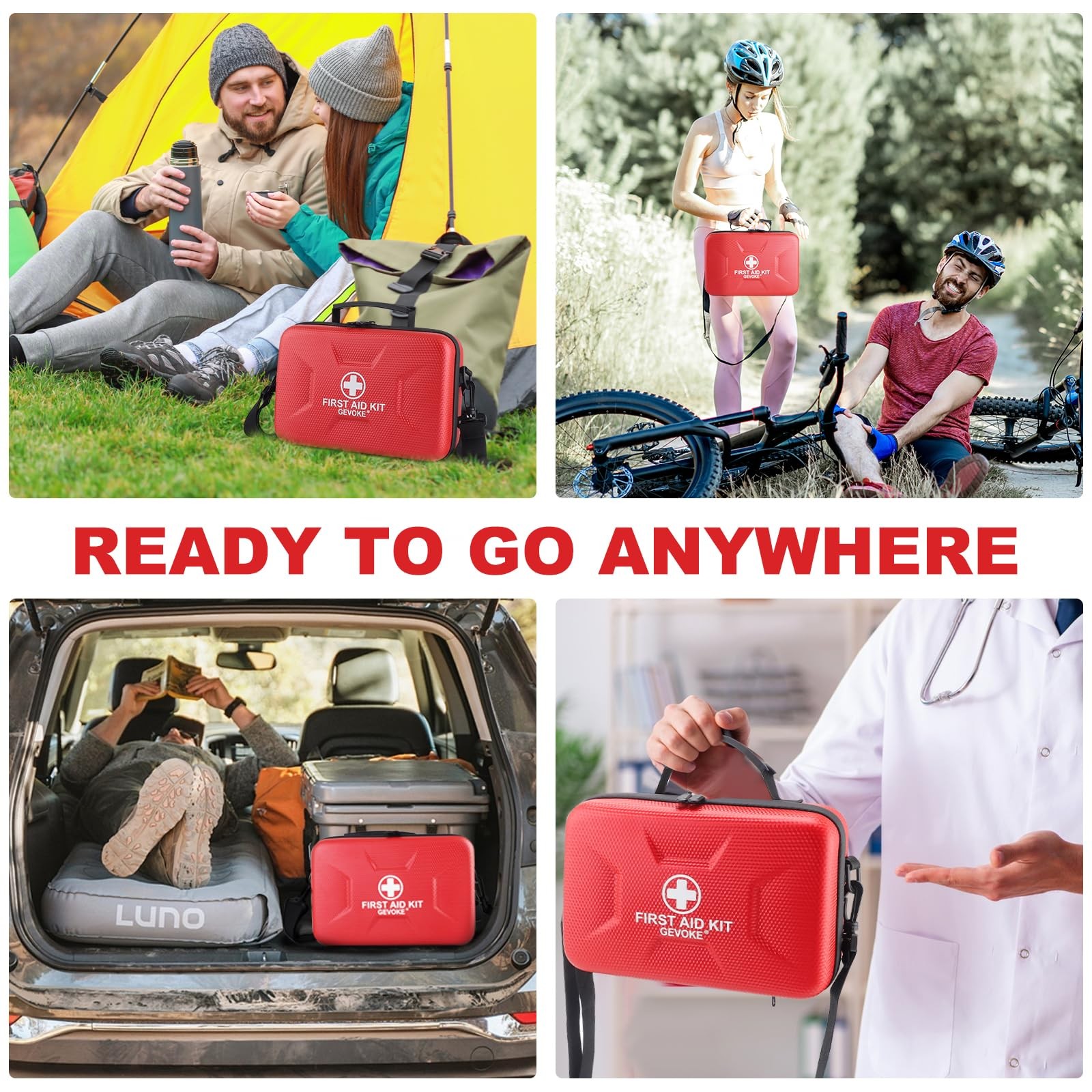 Gevoke 410 Piece Waterproof Hard Shell First Aid 9.8 x 6.6 x 4.1 inches, Red