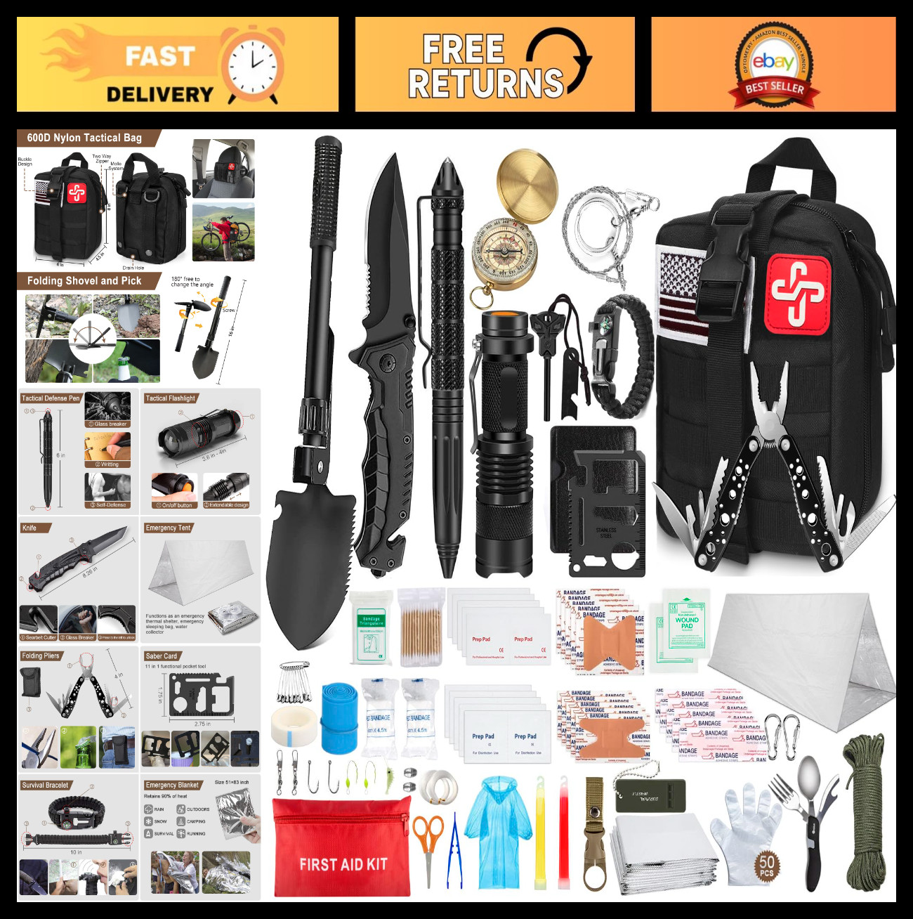 238Pcs Emergency Survival & First Aid Kit, Tactical Gear with Molle Pouch & Tent