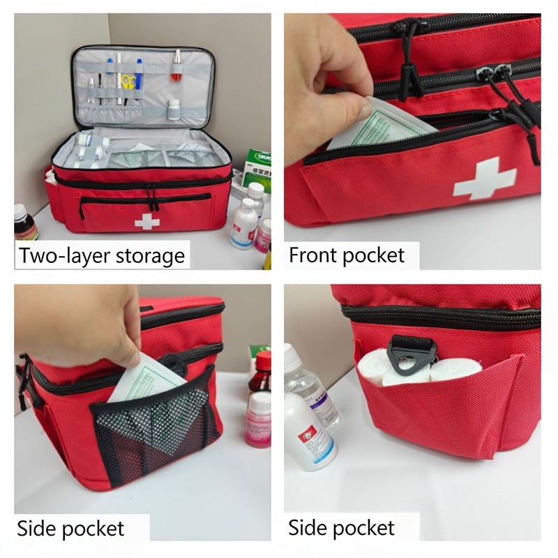 Multi-Compartment Travel First Aid Bag Medical Storage Organizer Empty Bag Red