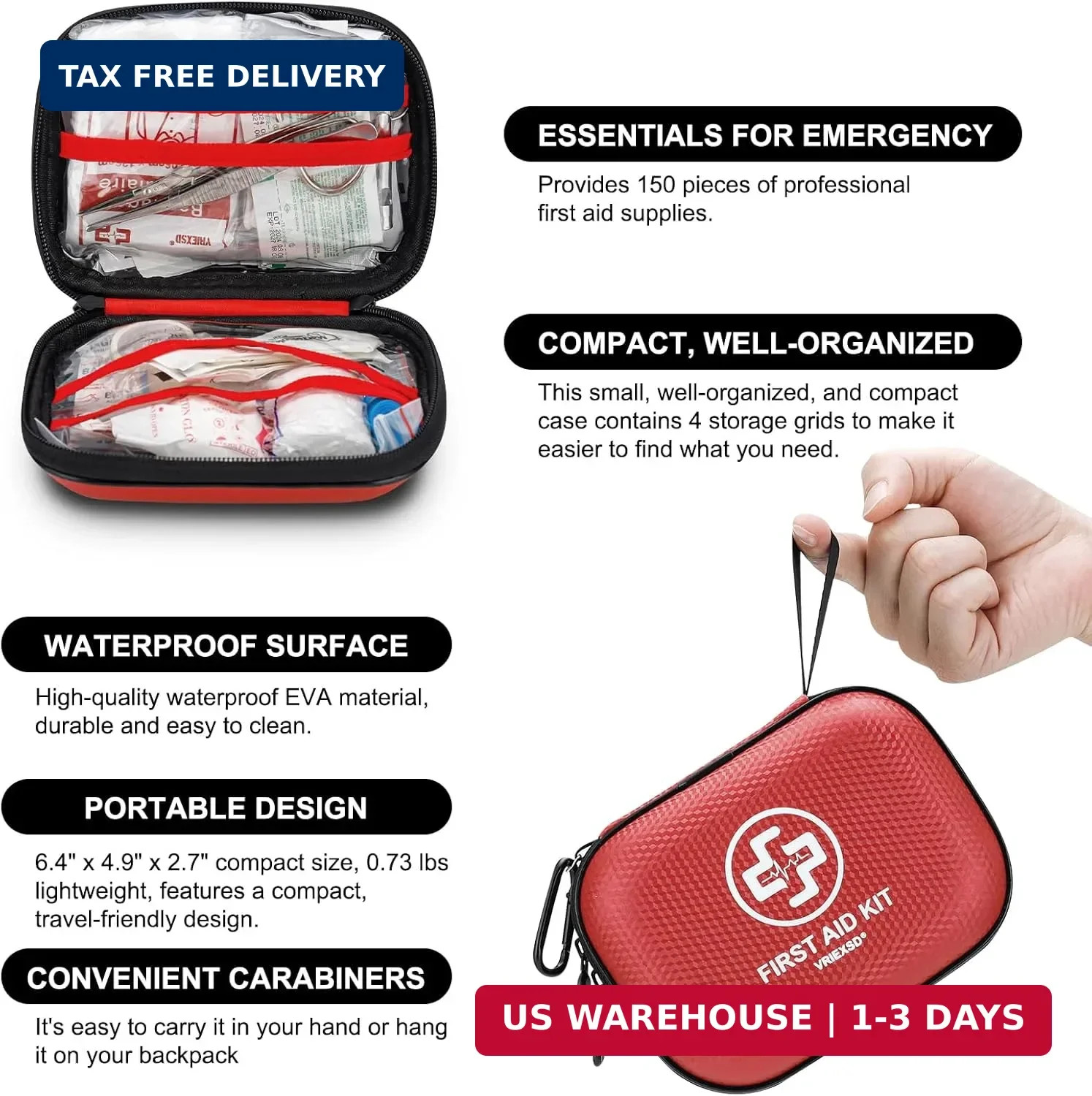 Mini First Aid Kit – 150 Piece Small Waterproof Hard Shell Medical Kit for Home,