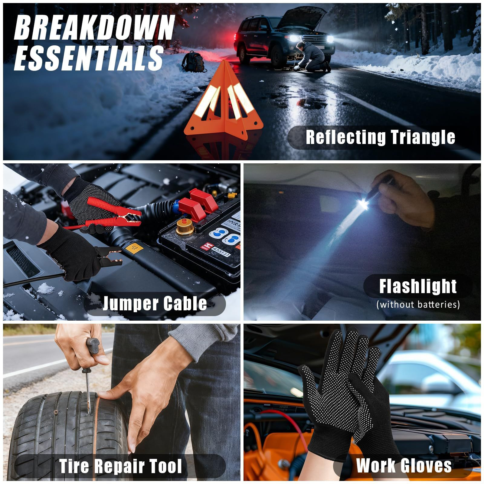AUTODDECO Roadside Emergency Car Kit Winter Road 102Pcs, Black, Yellow, Red