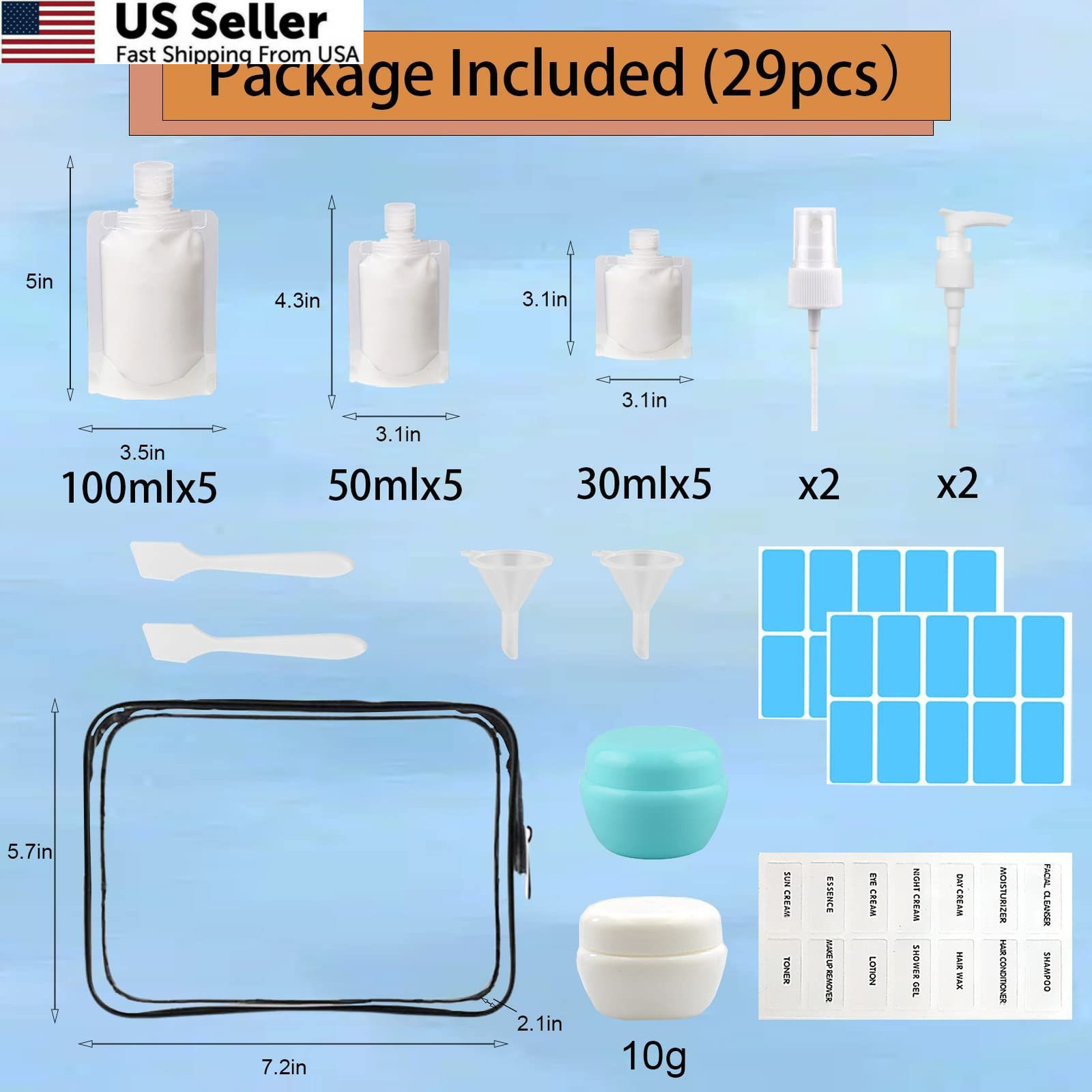 29 PCS Travel Size Refillable Empty Squeeze Pouch TSA Approved 29Pcs, Clear