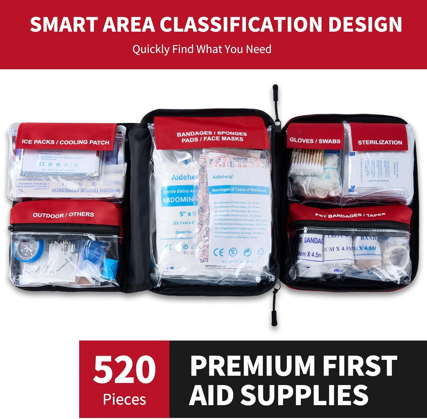 520 Pieces Premium First Aid Kit Large Emergency Medical Kit for Survival Car