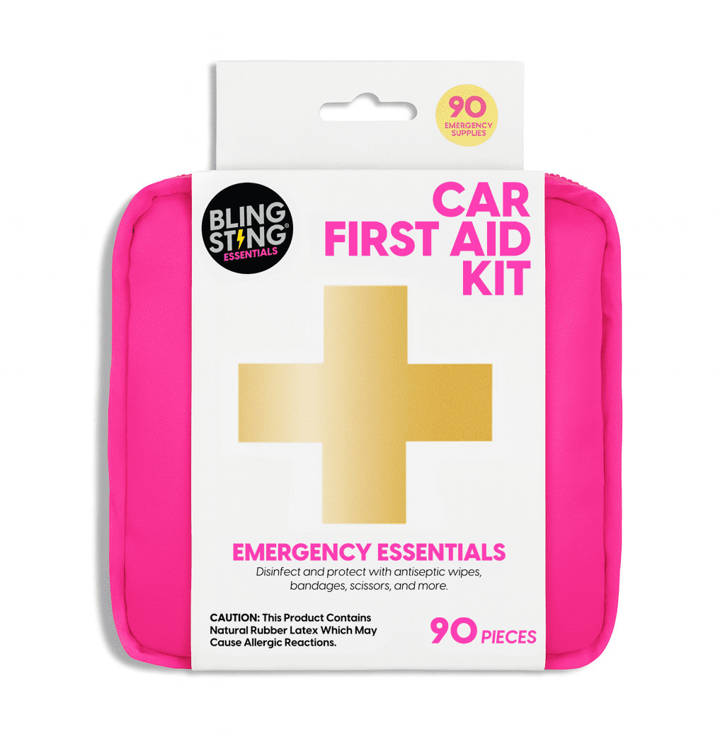 BLINGSTING Car First Aid Kit – 90 Pieces Included,Pink,1 Count,5 in x 5 in 2 in