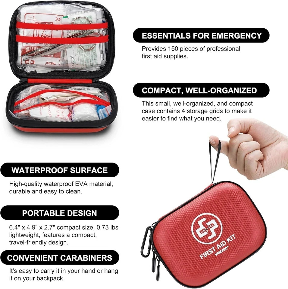 Mini First Aid Kit – 150 Piece Small Waterproof Hard Shell Medical Kit for Home,