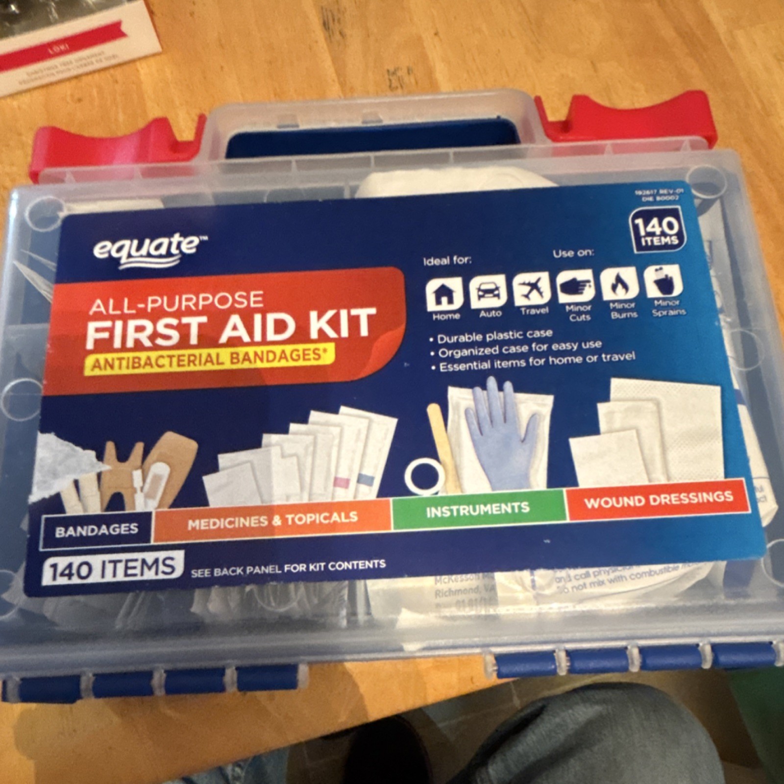 Equate First Aid Kit Portable Durable Case 140 Items Alcohol Pads Tweezers