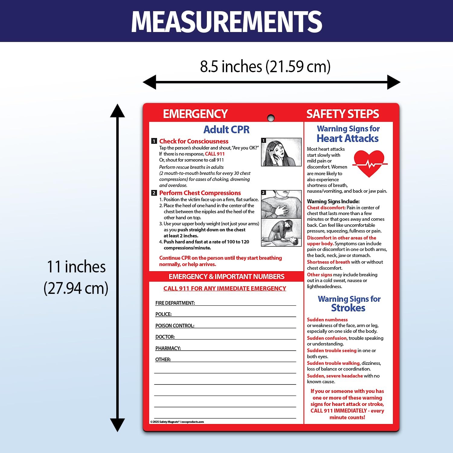 Safety Magnets by ZOCO – Adult CPR, Heart Attack and 8.5 x 11 Inch, White