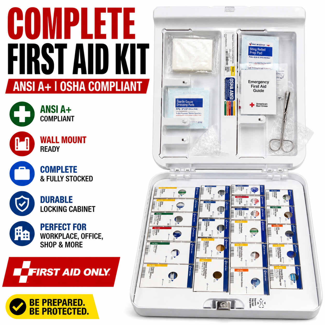 ANSI A+ First Aid Kit Wall Mount Cabinet Complete OSHA Compliant