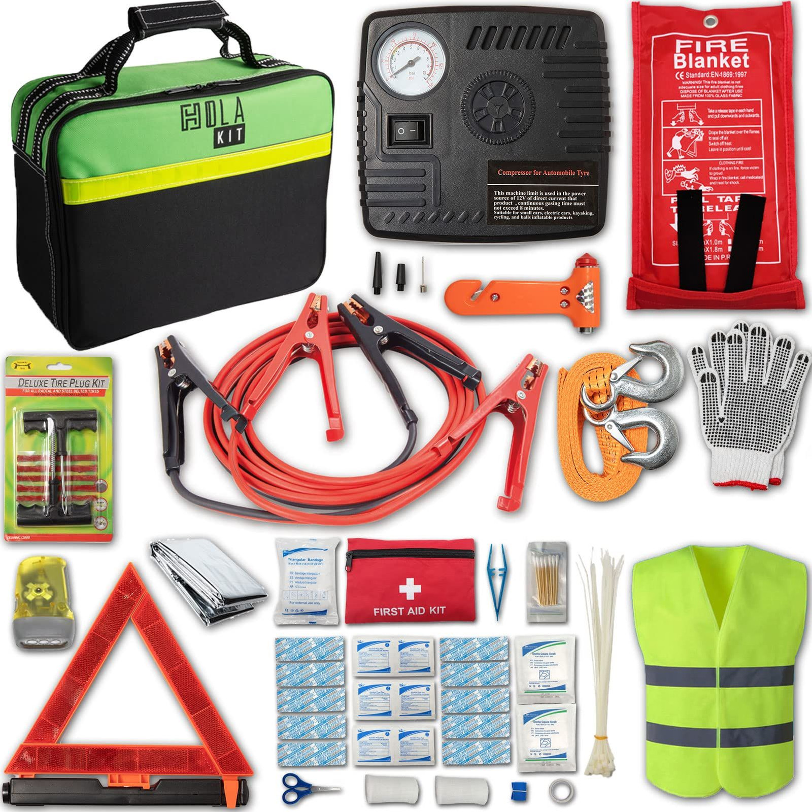 HolaKit 78-Piece Car Emergency Kit – Comprehensive 78 PCS, Green and Black