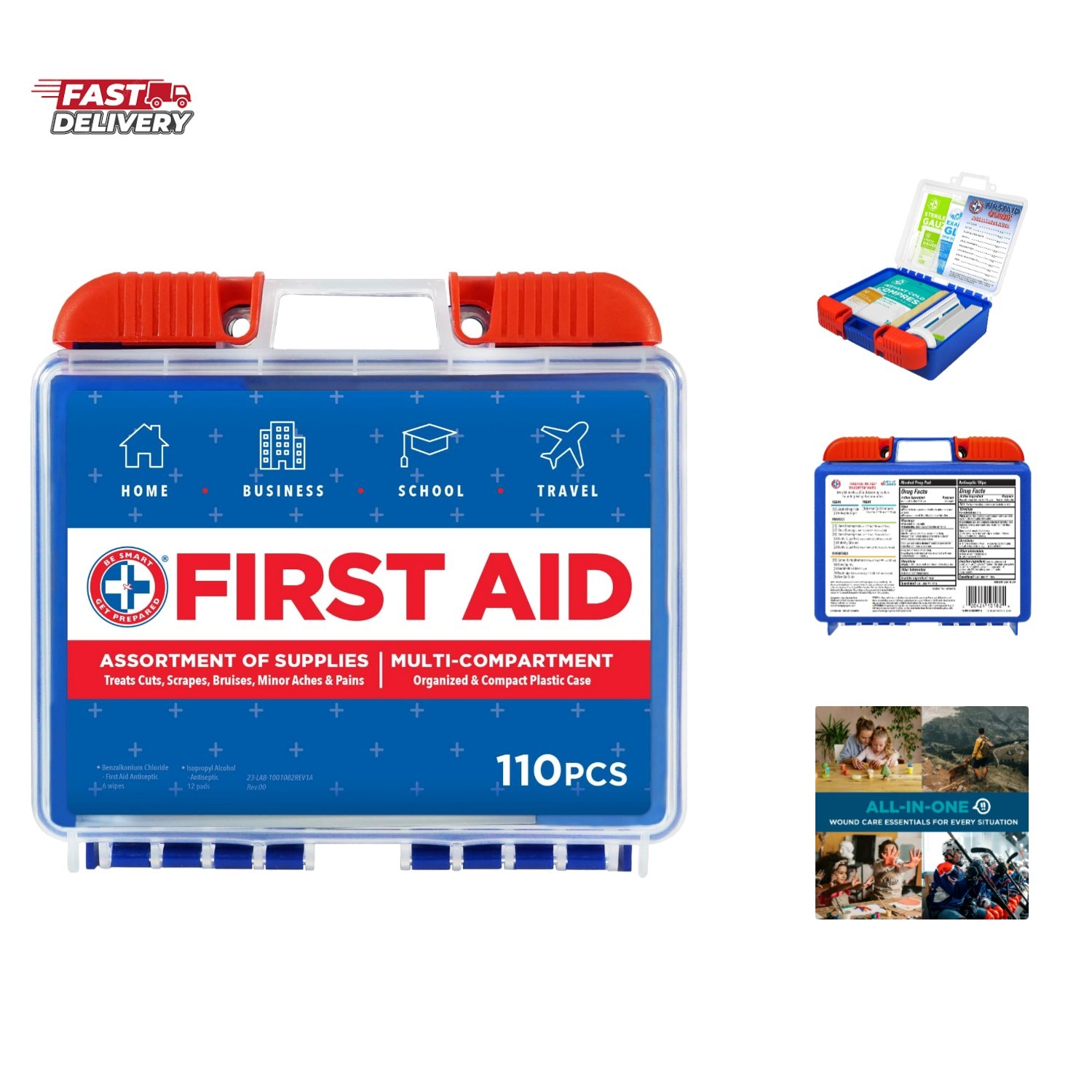 110 pc First Aid Kit: Clean, Treat, Protect Minor Cuts, Home, Office, Car, Sc…