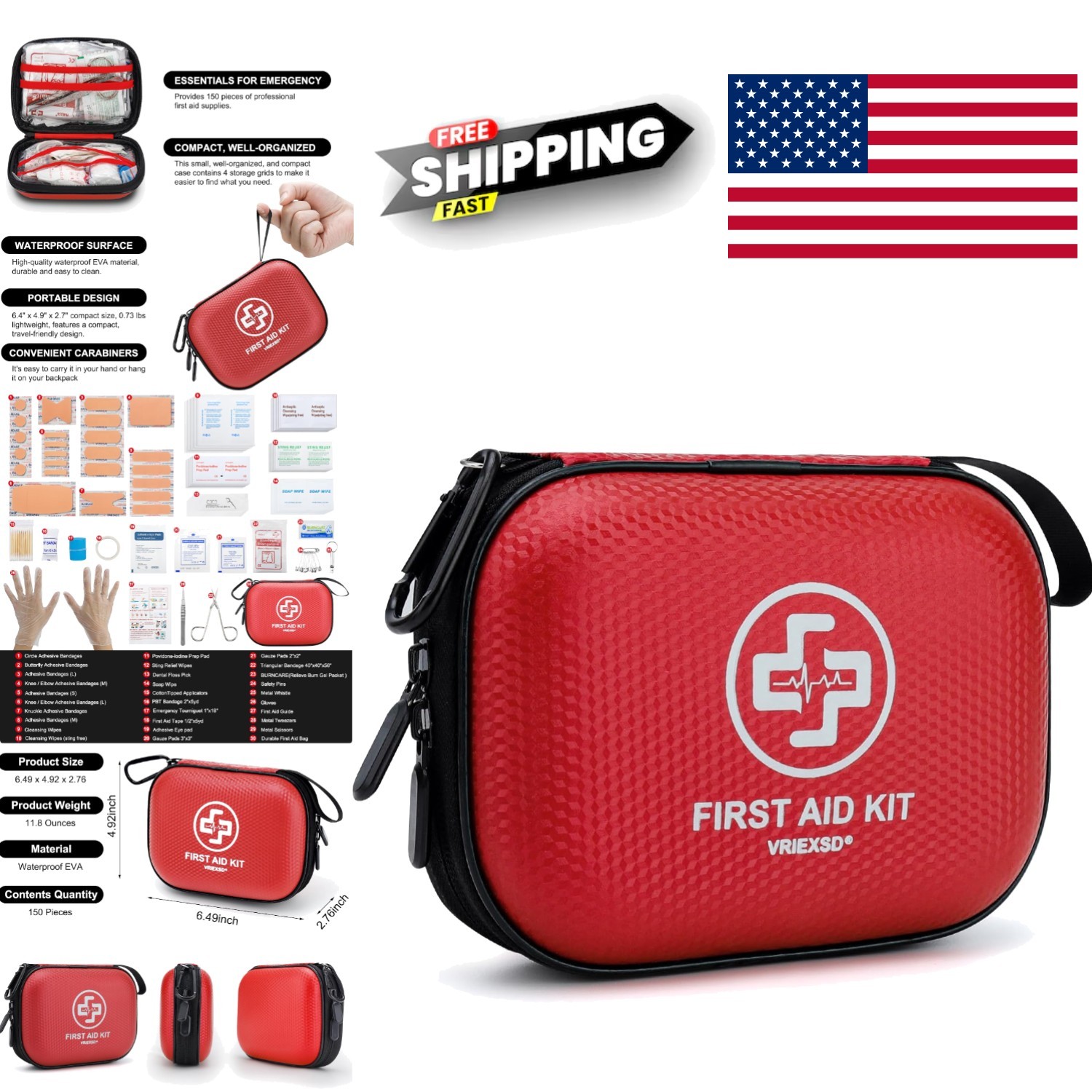 Small First Aid Medical Kit 150 Pieces Red Portable Kit for Vehicle Emergencies