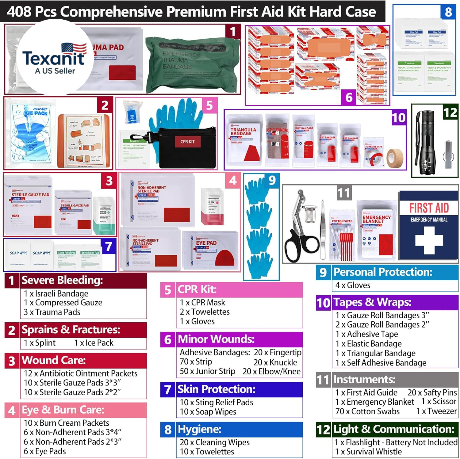 Hard Case First Aid Kit 408 Pcs – Wall Mountable Trauma Kit for Car, Home, Offic