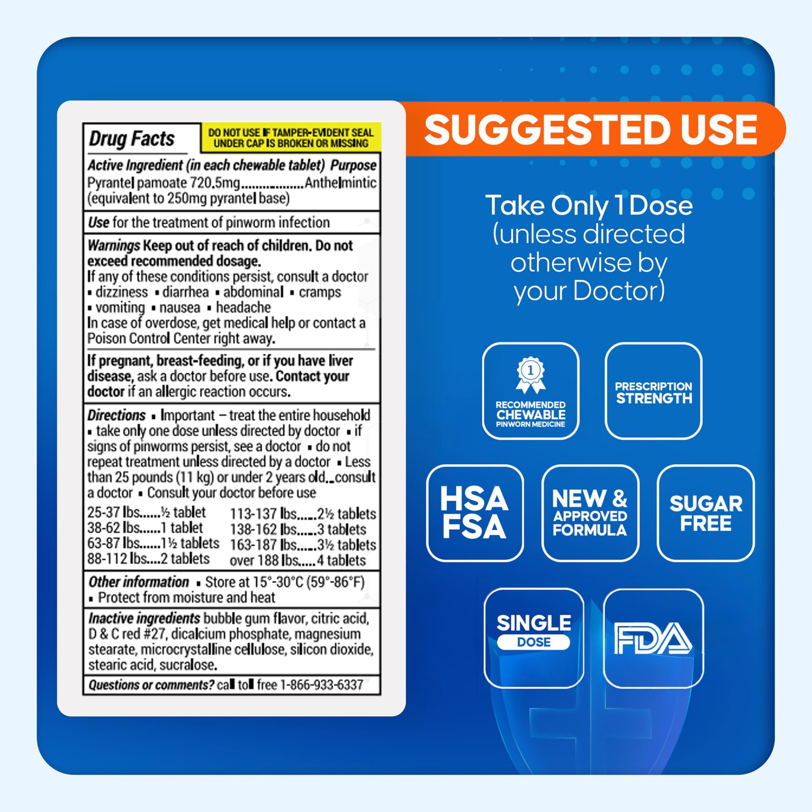 Pinworm Medicine for Family 2+, Bubble Gum Chewable Tablets 12 Doses 250mg …