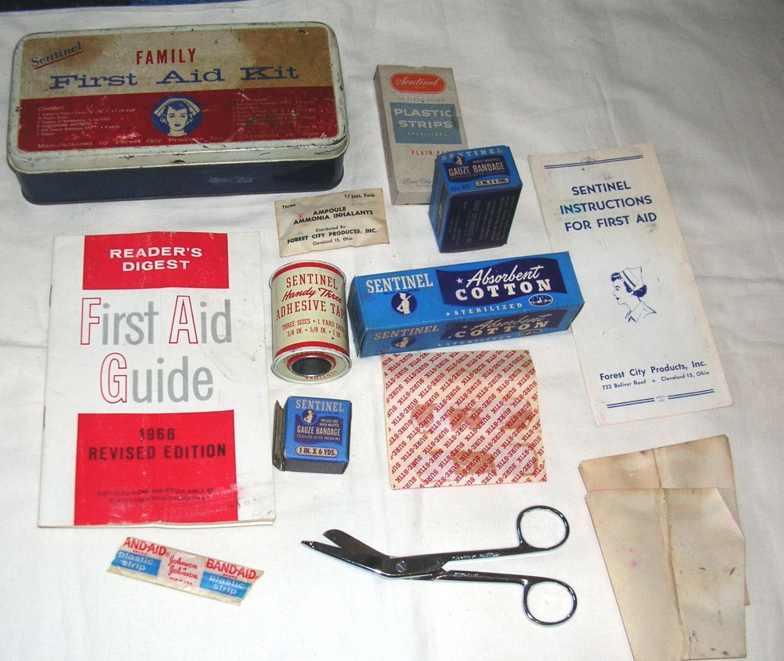 Vintage 1960's Sentinel Family First Aid Kit/ Metal Box & Contents