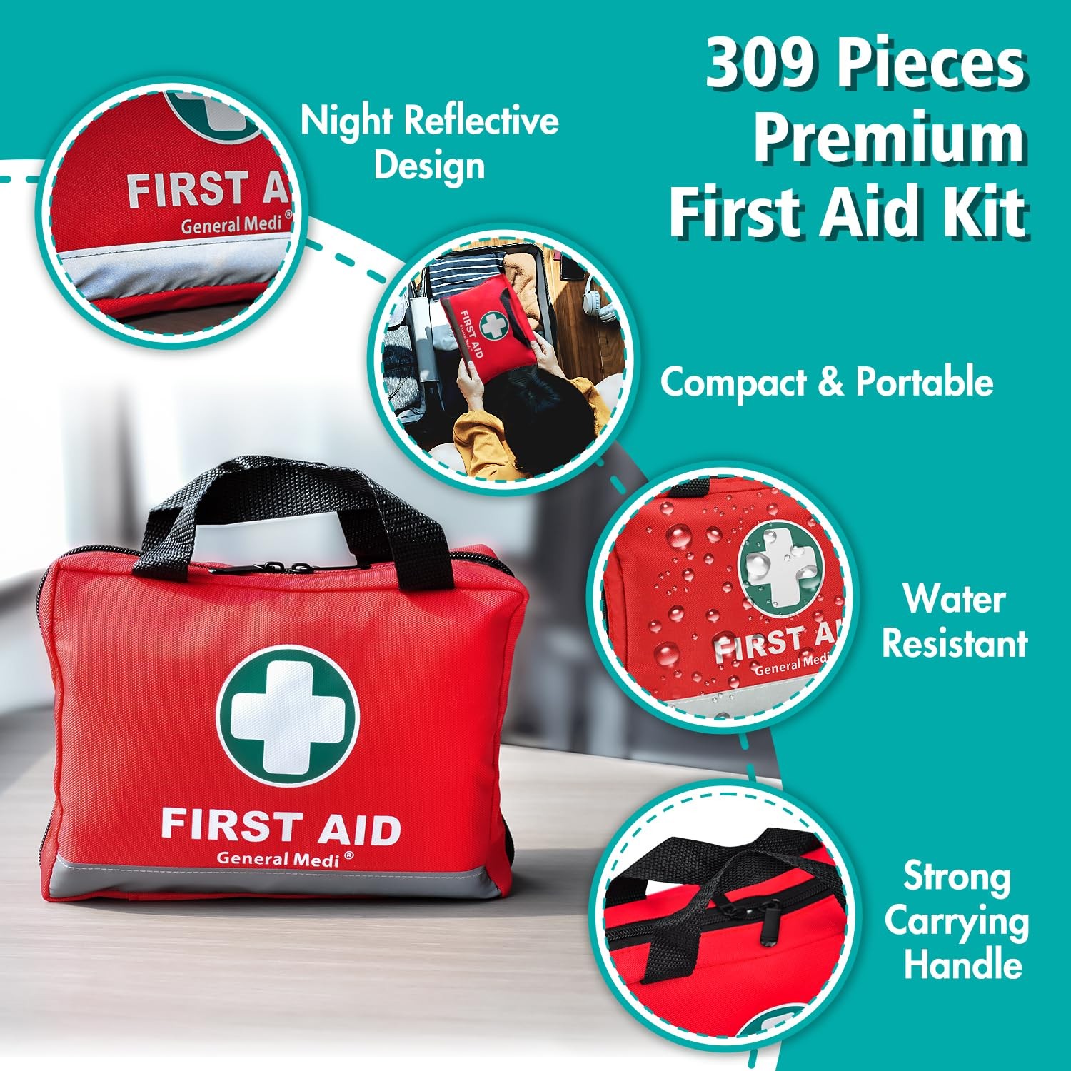 General Medi First Aid Kit -309 Pieces- Reflective Bag 309 Piece Set, Red