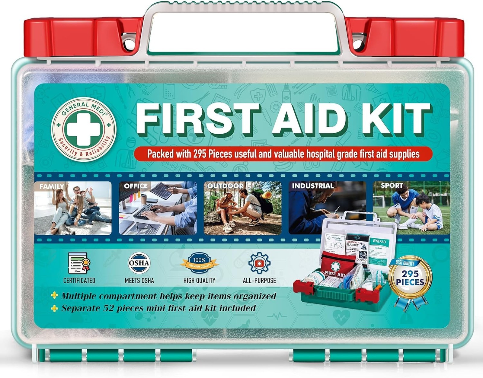First Aid Kit 295 Pieces HardCase Medical Supplies Travel Home Office Vehicle