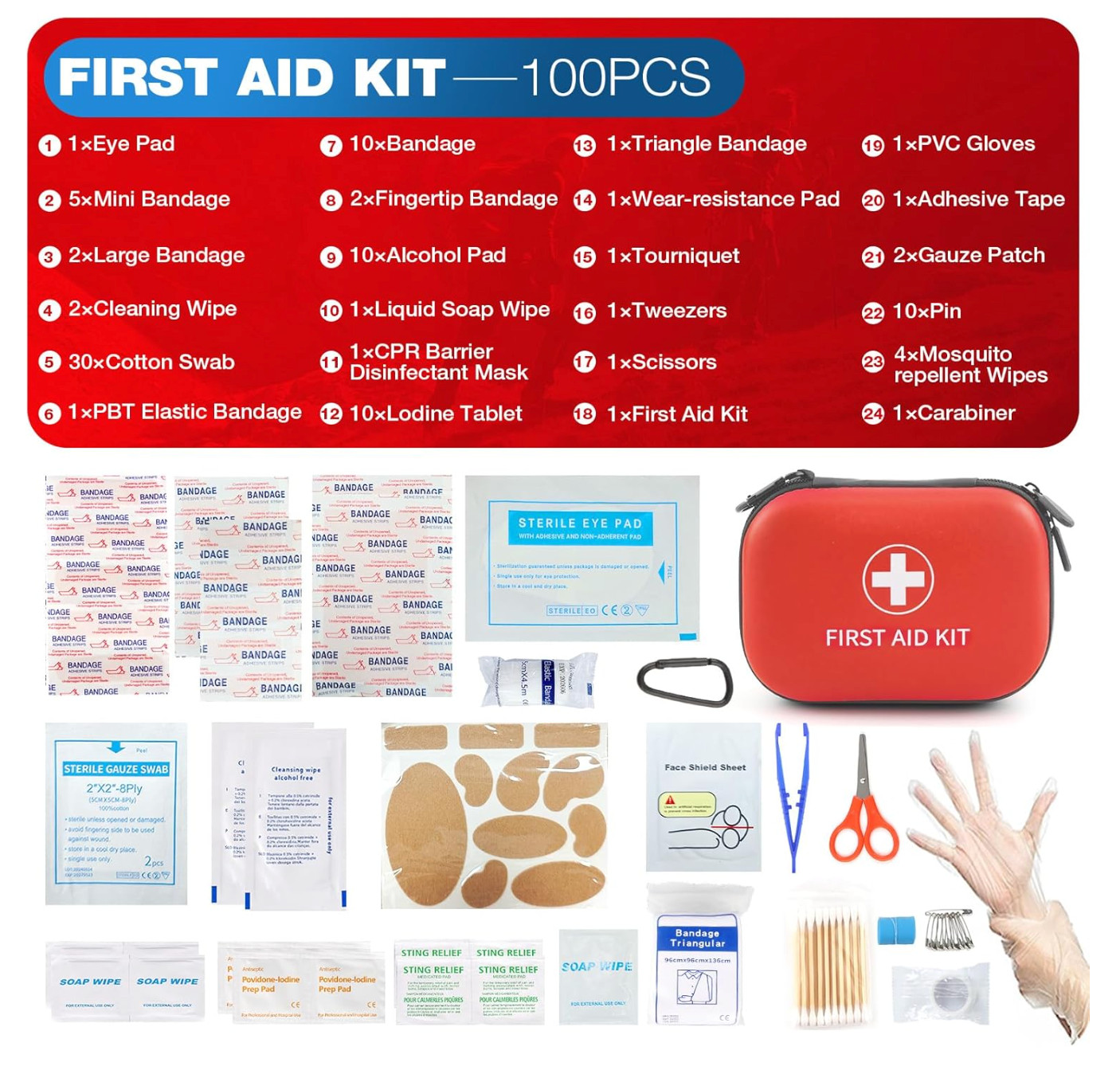 All-in-One Compact First Aid Kit with Waterproof Hard Shell Case – 100 PCS