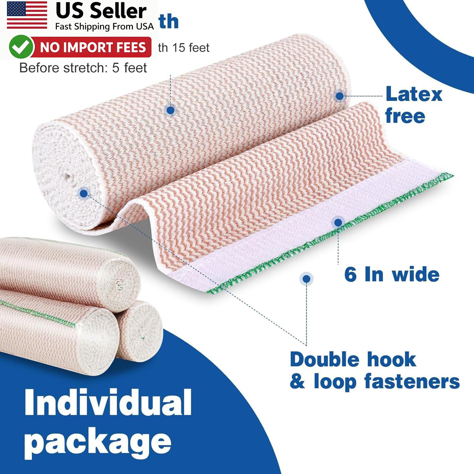 AZEN Premium 5 Pack Elastic Bandage Wrap 6 Inch Compression Wrap Latex-Free USA