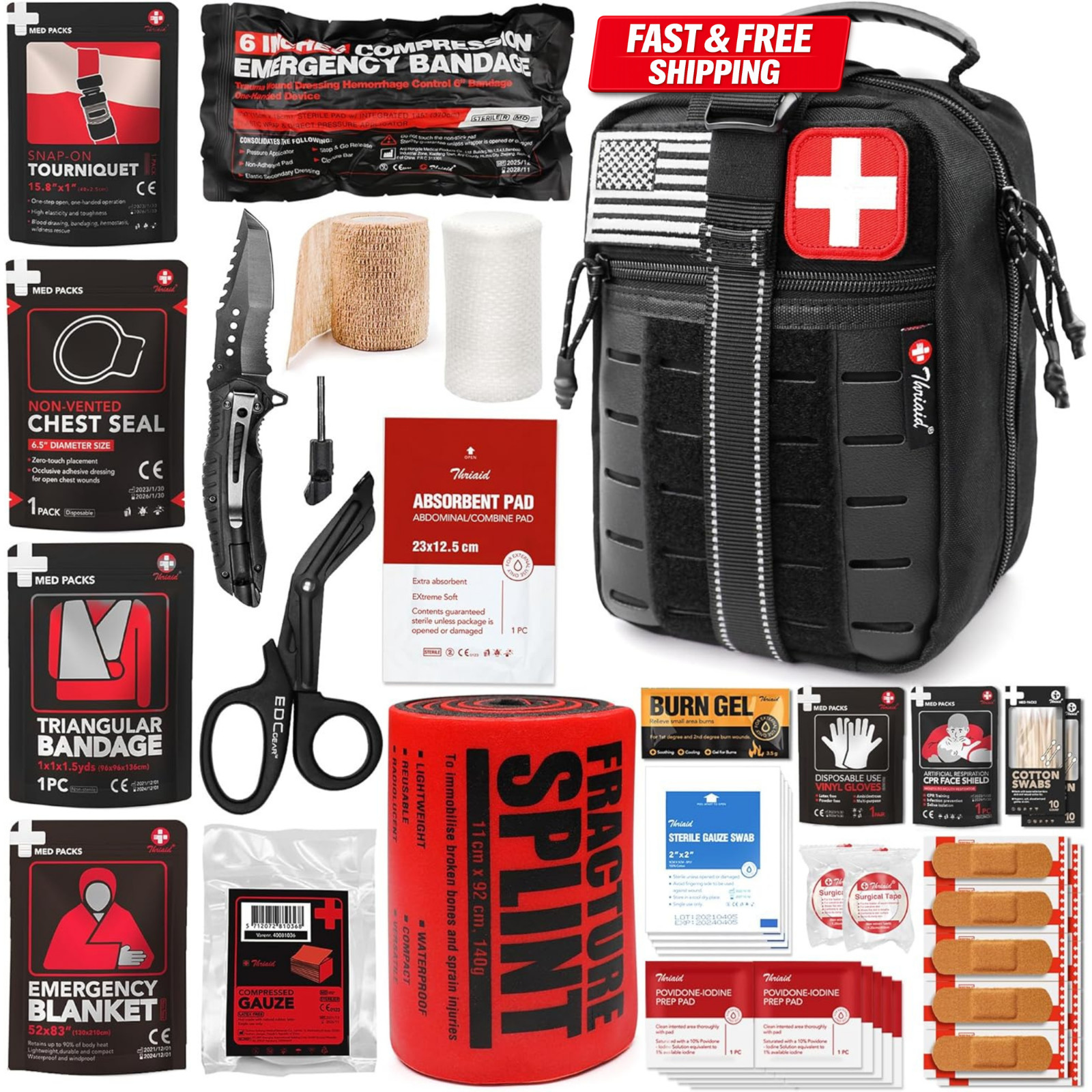 Survival First Aid Kit Tactical IFAK Molle Trauma Kit 60 PCS Emergency Black