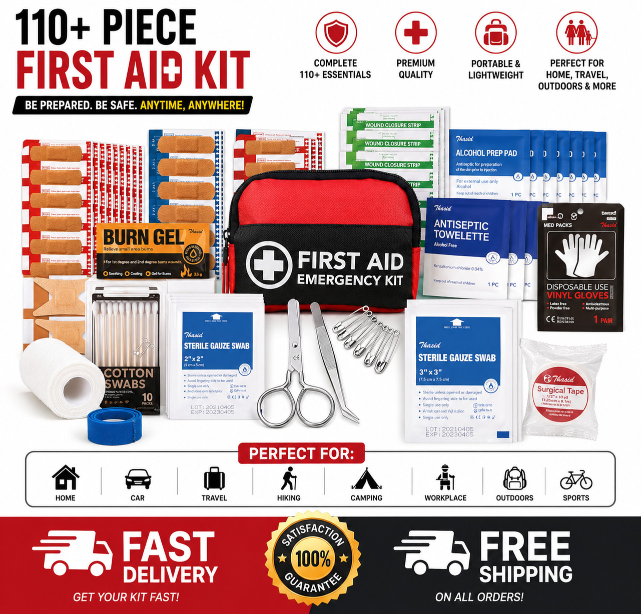 New 182 Piece Small First Aid Kit Waterproof Compact Emergency Trauma Mini Red